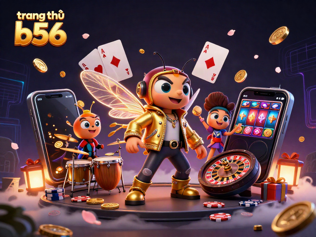 Experience the excitement of gaming at trang chủ b56 with a lively illustration of a rock star cicada performing among casino elements.
