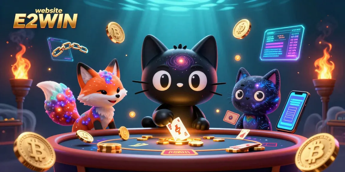 Engaging players with the revolutionary website E2WIN featuring dynamic casino elements and colorful characters.