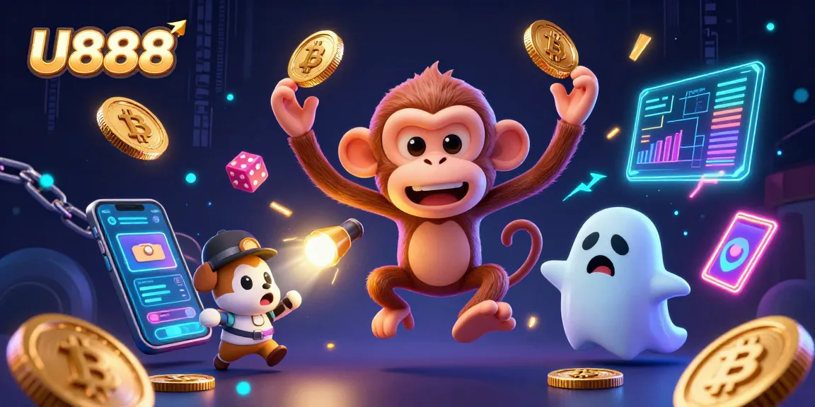 U888 offers enticing gameplay as a mischievous monkey juggles gold in a playful casino scene.