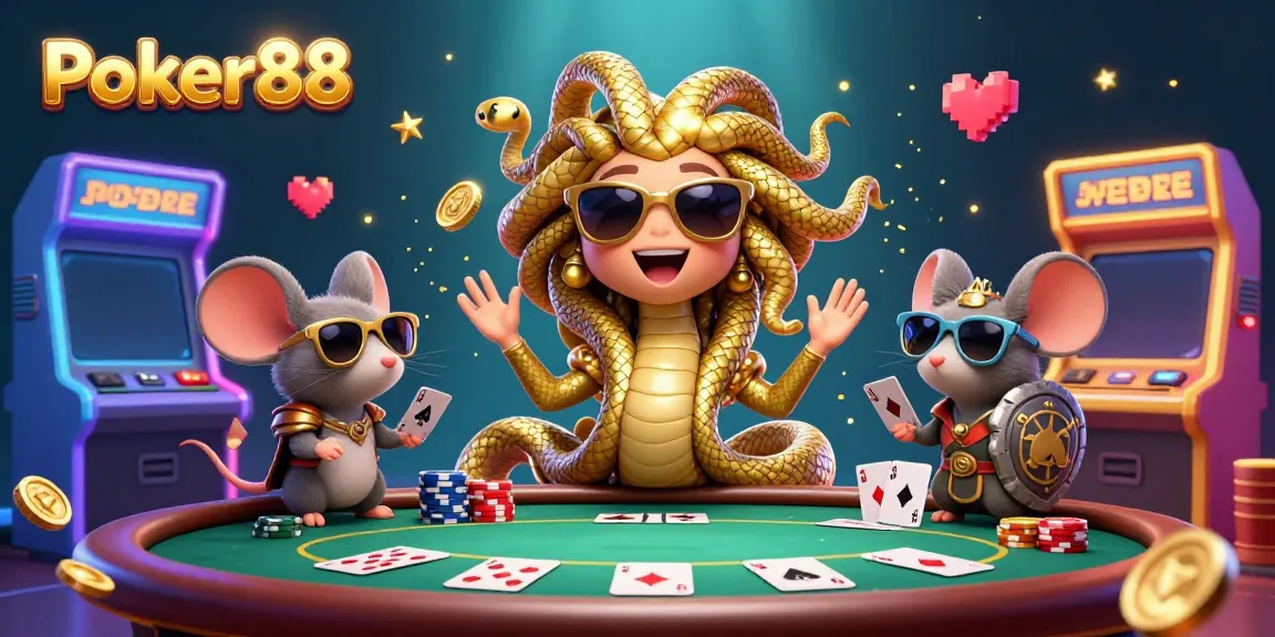 Experience Poker88's vibrant scene with Medusa and a warrior mouse at a lively poker table.
