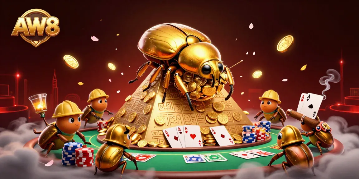 AW8's golden beetle scene showcases poker excitement and casino charm.
