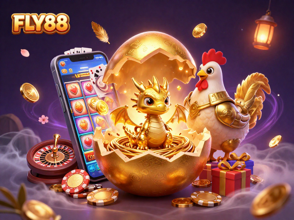 FLY88 captivates players with a spectacular illustration of a golden dragon and gaming elements.