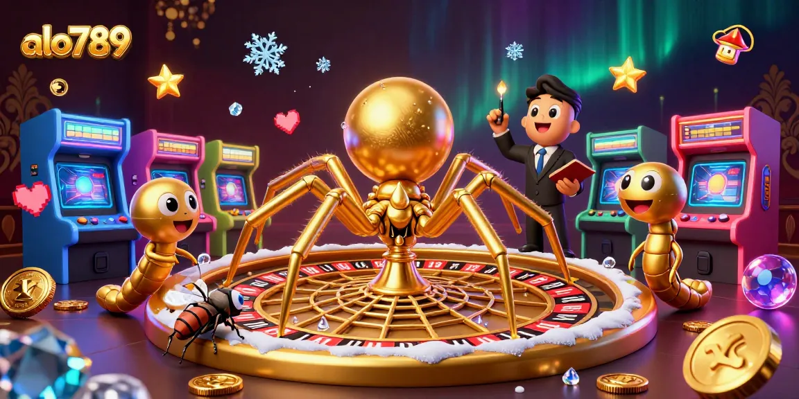 Experience thrilling bets at alo789 with a spider spinning a roulette wheel and captivating game elements.
