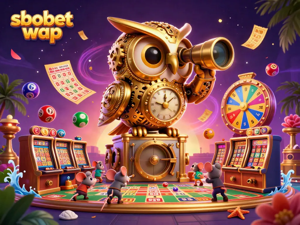Engage in thrilling sbobet wap betting with a magical owl overlooking the casino scene.