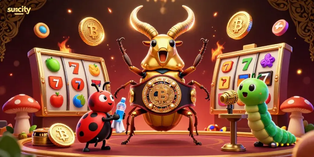 Engage in thrilling slots action at Suncity with golden beetles and colorful casino elements.