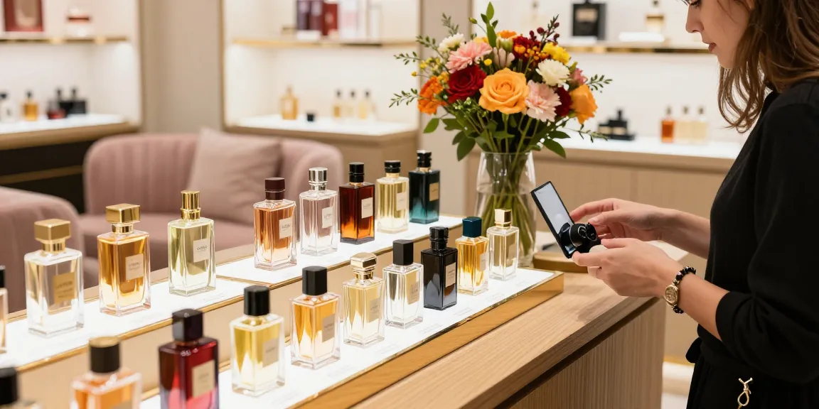 Bekijk Armaf parfum flessen in een luxe winkelomgeving met warme verlichting.
