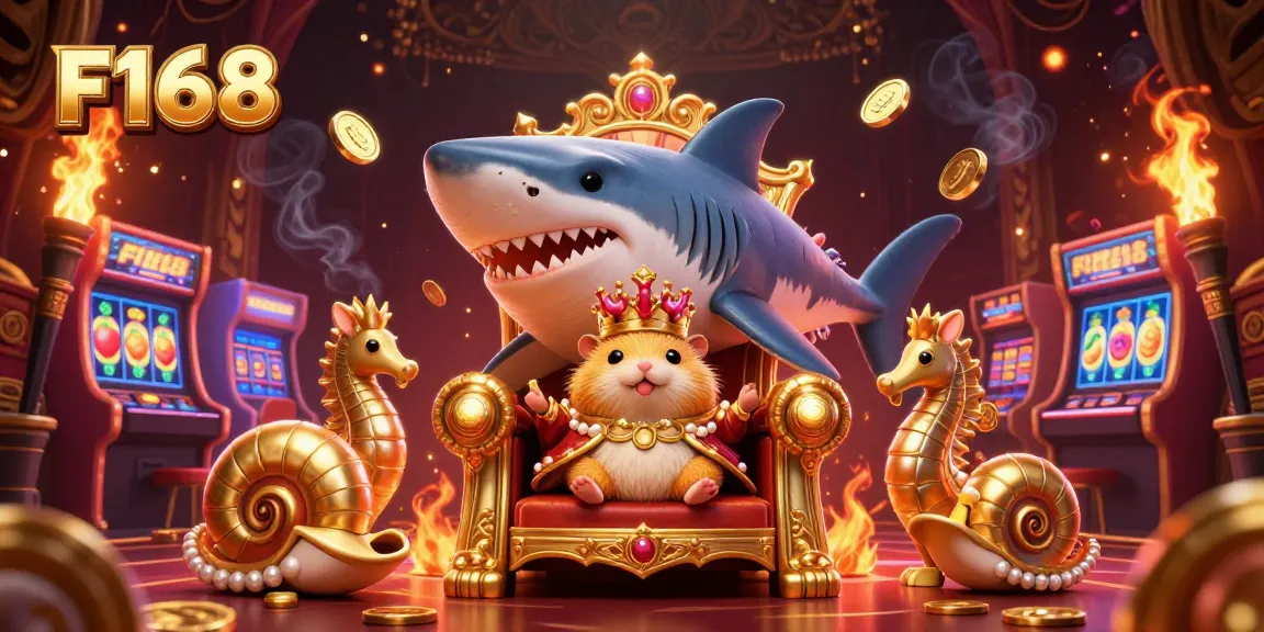 Engage with the vibrant F168 casino scene, featuring a fierce hamster king on a shark tooth throne amidst lively slot machine elements.