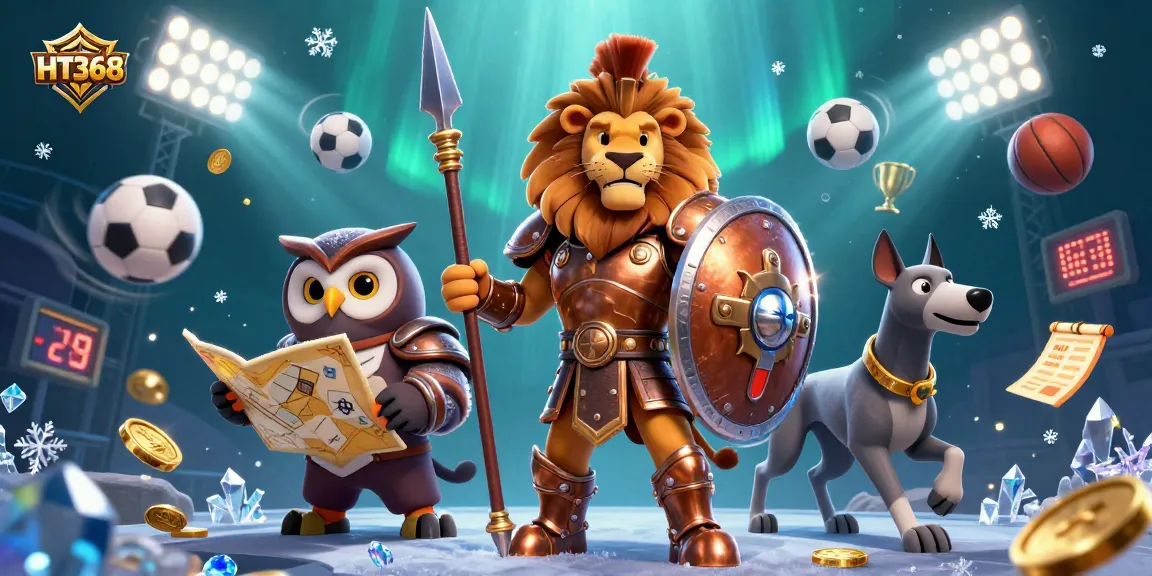 HT368 engages players with a lively scene of a Spartan lion and dynamic sports elements in an exciting casino environment.