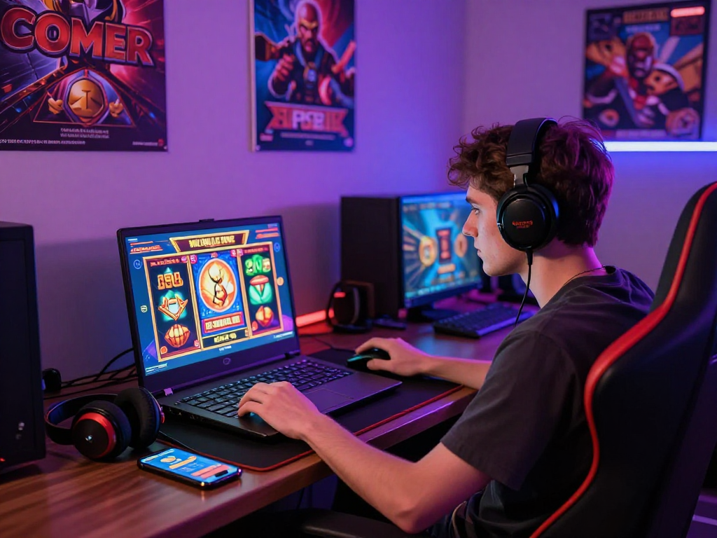 Engaging online gaming experience with gacor slot games on a laptop, vibrant setup.