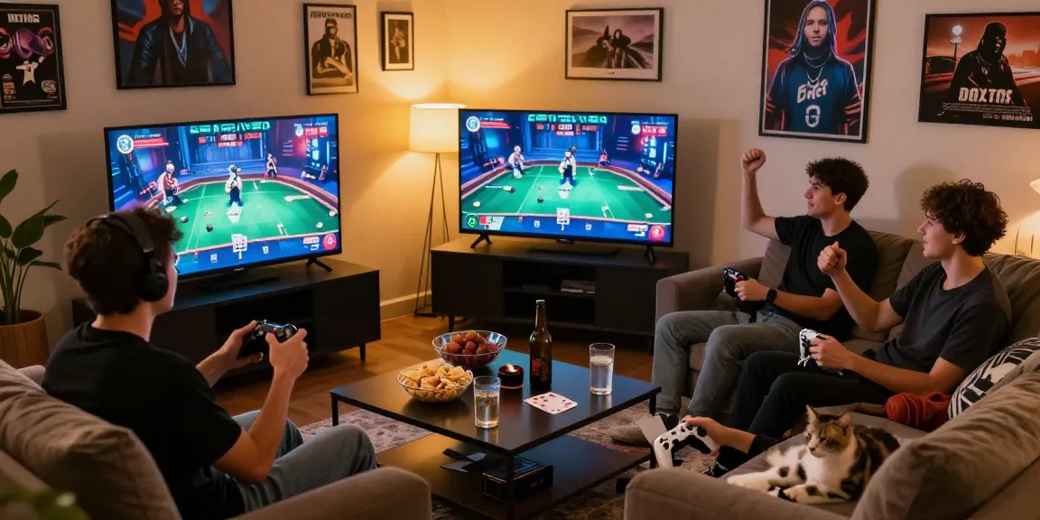 Exciting gameplay moment at JuraganQQ with friends enjoying poker and snacks in a cozy living room.