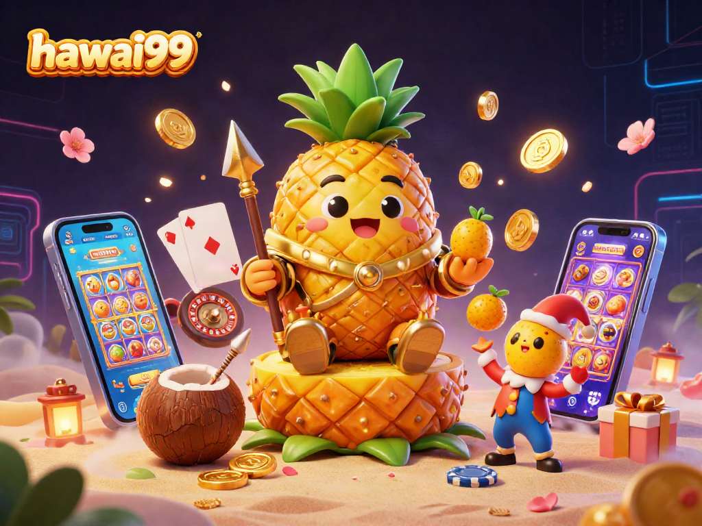 Hawai99 gaming rendition showcasing a vibrant pineapple king and gaming elements in a beach casino.