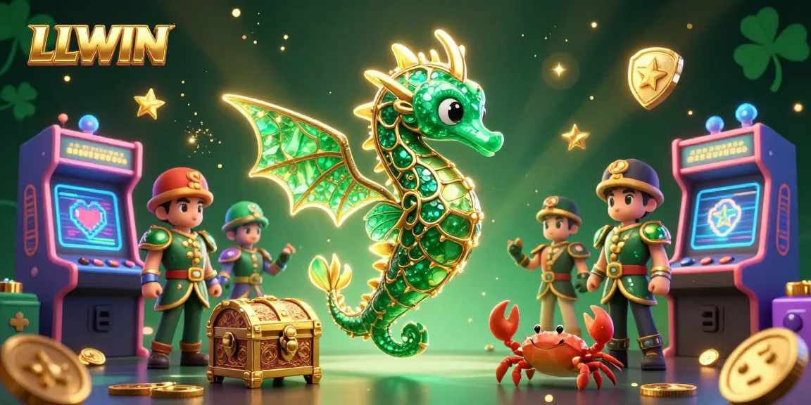 LLWIN engages players with a vibrant sea dragon and arcade elements amid a rich casino setting.