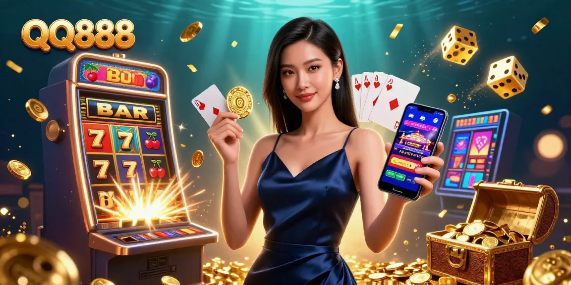 Experience thrilling gaming action with QQ888's vibrant casino scene featuring an Asian woman holding a golden chip.