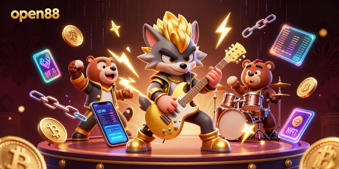 open88 platform shines as a rock star wolf performs on stage amid crypto coins and vibrant energy