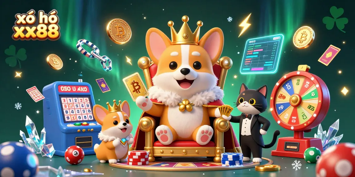 Engage in exciting xổ số xx88 lottery gameplay featuring a corgi king and vibrant game elements.