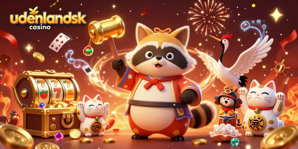 Experience the excitement of udenlandsk casino with a colorful festive scene featuring a playful tanuki and fortune cats.