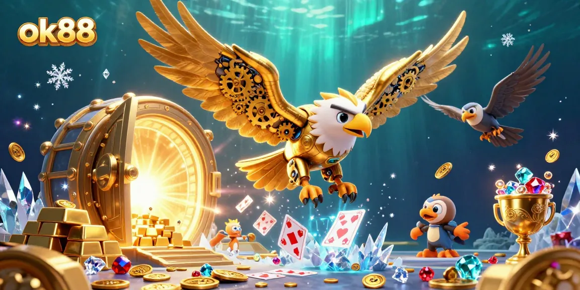 ok88 casino concept with golden eagle and holographic cards in a vibrant treasure scene.