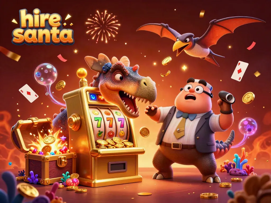 Exciting scene of hire santa characters in a casino-themed setup, winning big at slot machines with colorful elements.