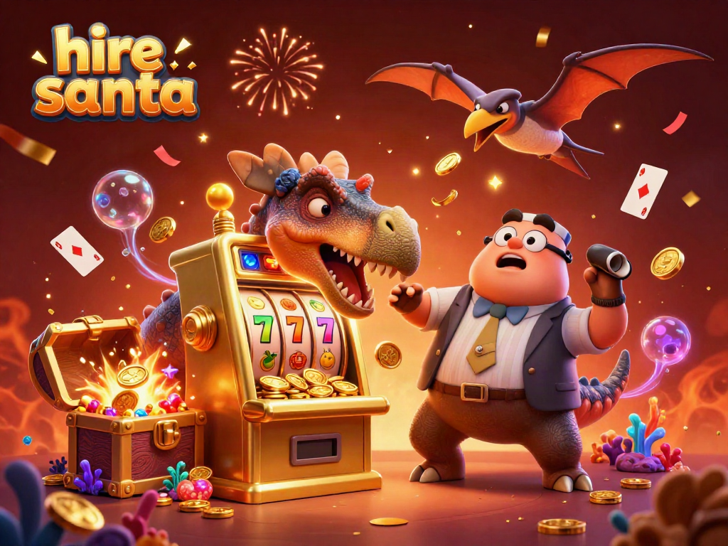 Exciting scene of hire santa characters in a casino-themed setup, winning big at slot machines with colorful elements.