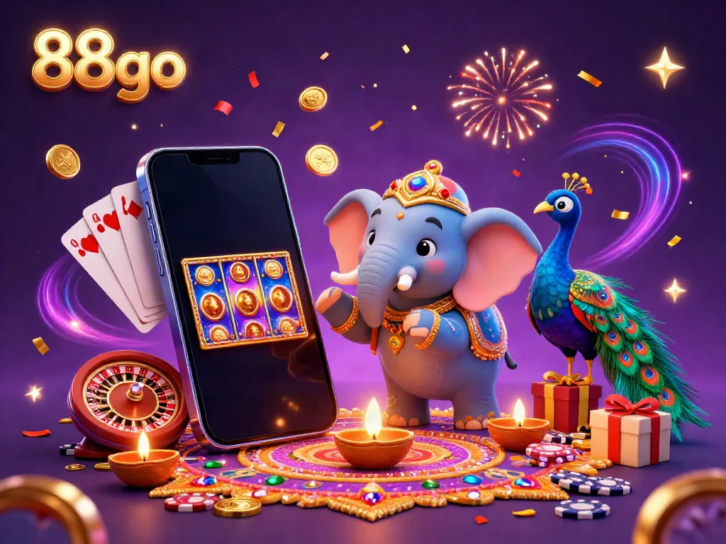 Experience the excitement of 88go with vibrant gaming visuals featuring a casino scene filled with festive elements.