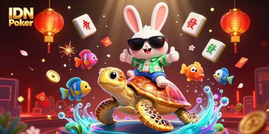 IDN Poker showcases a vibrant underwater scene featuring a lucky rabbit and a golden turtle amidst floating game elements.