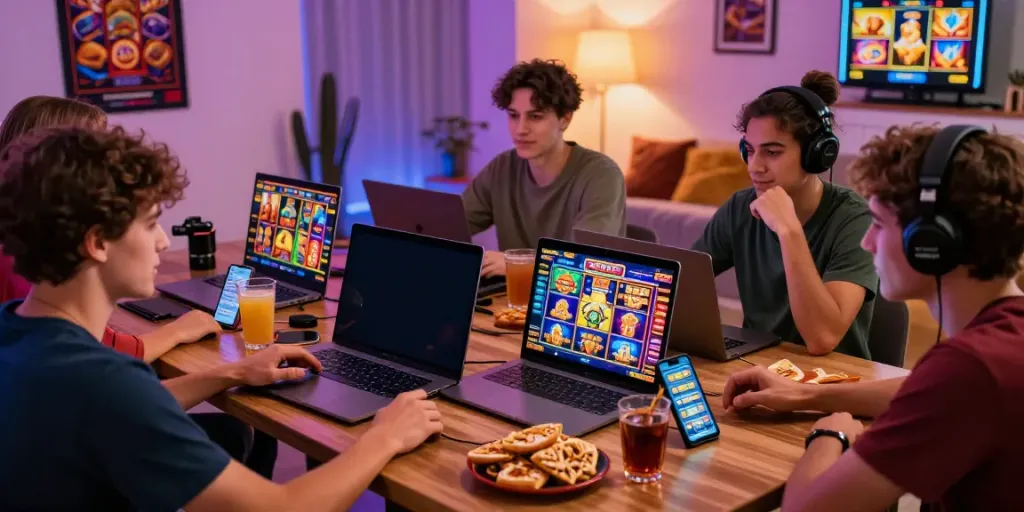 Friends enjoying a lively session of slot online games on a laptop, surrounded by colorful snacks and drinks.
