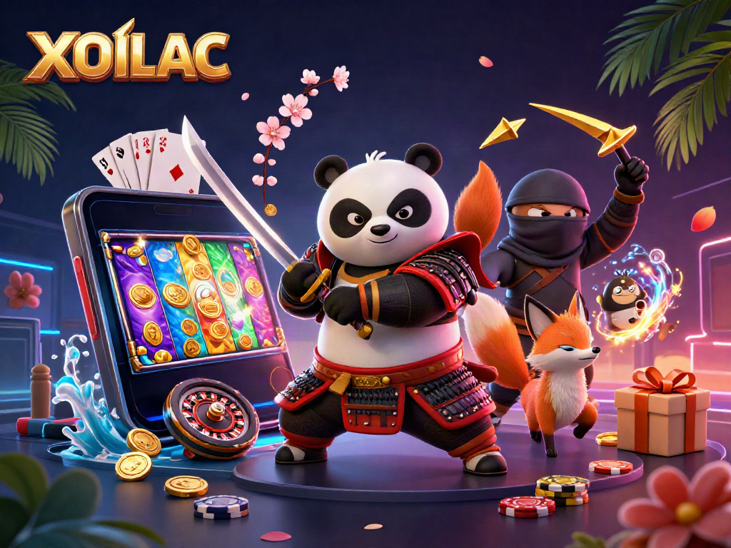 Experience the thrill of XOILAC with a dynamic 3D illustration showcasing cartoon samurai panda and ninja fox gambling themes.