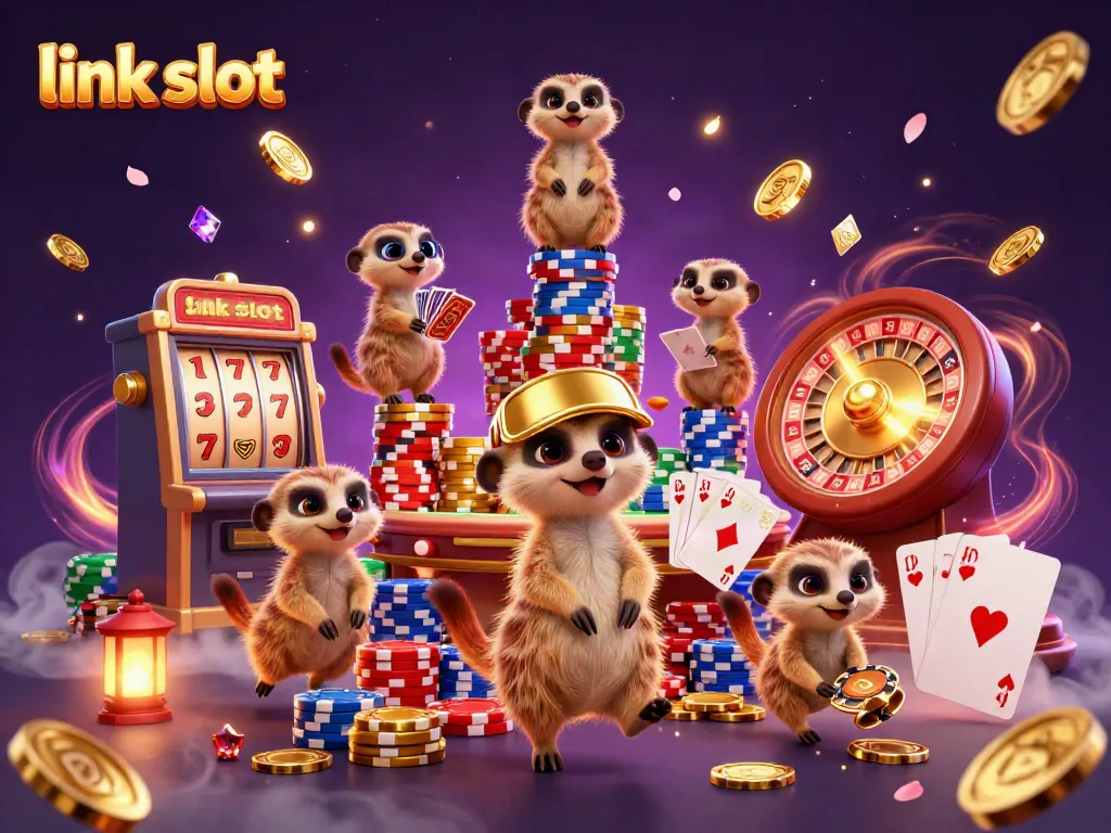 Experience the thrill of link slot with meerkats orchestrating a vibrant casino scene full of action and excitement.