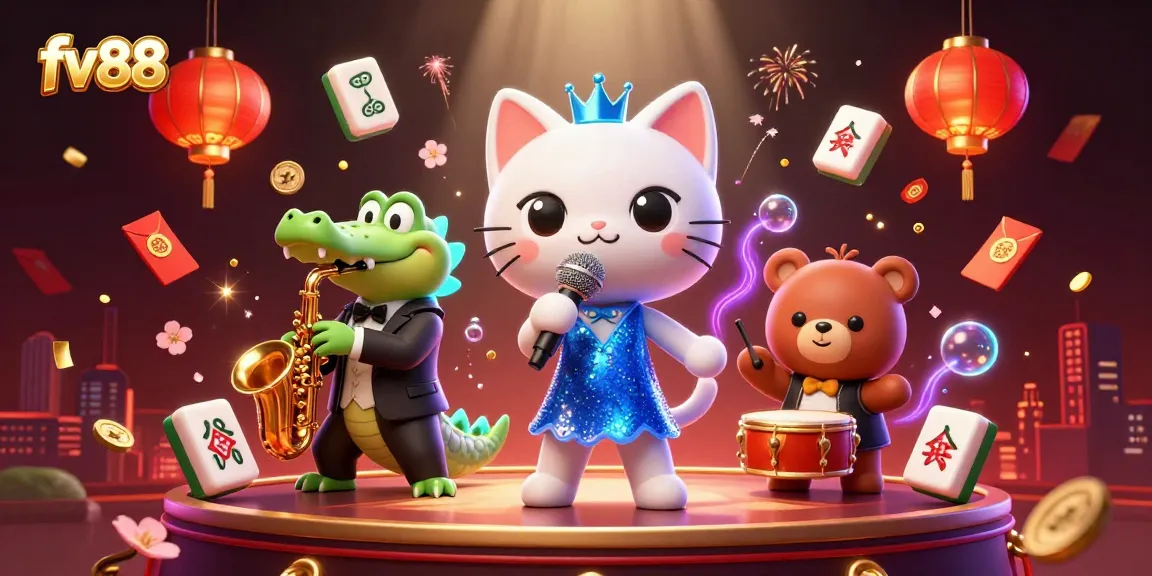 Experience the excitement of fv88 with a vibrant casino scene featuring jazz cat, crocodile, and bear.