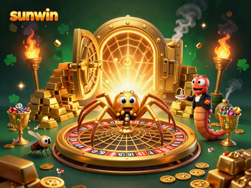 Spin bets with sunwin's 3D scene featuring a spider roulette and vibrant treasures.