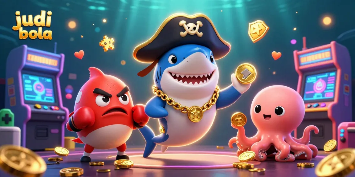 Engage in judi bola excitement with a dynamic casino scene featuring a pirate shark, pufferfish, and octopus.