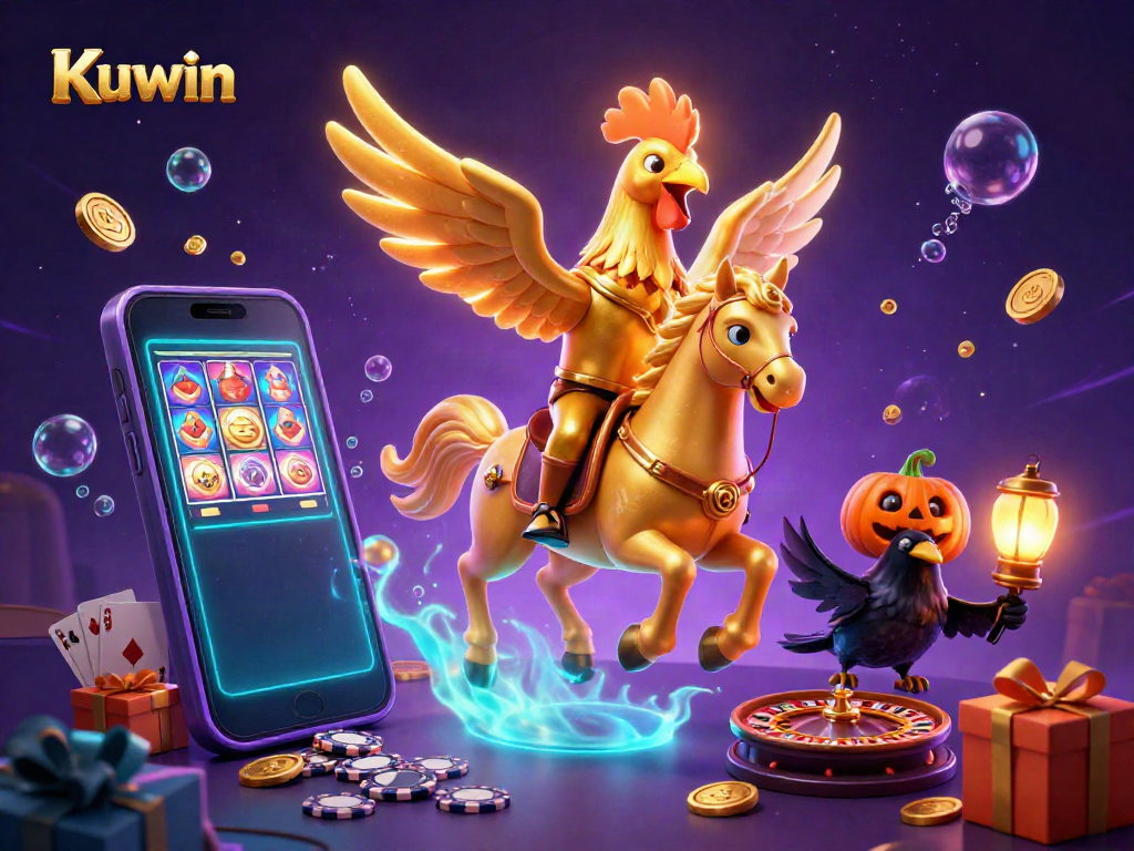 Kuwin offers vibrant gameplay in a colorful casino scene with winning symbols and a golden rooster.