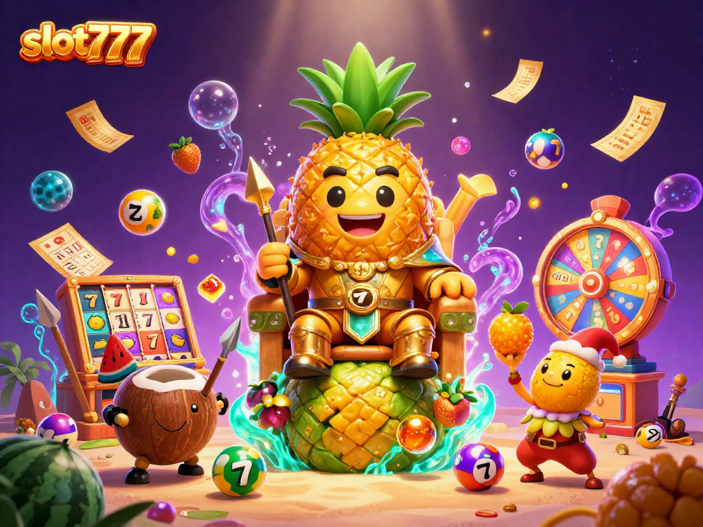 Slot777 menampilkan penguasa kasino, raja nanas emas, dikelilingi elemen permainan menghibur.