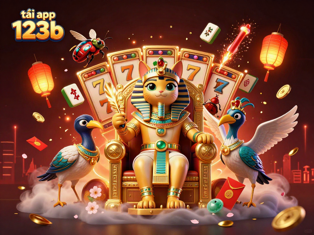 Engage in thrilling gaming action with tải app 123b featuring a golden pharaoh cat on its throne.
