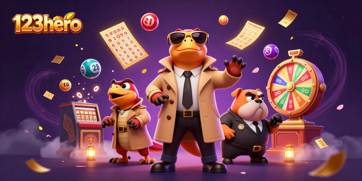 Experience the excitement of 123hero with animated lottery elements and dynamic casino visuals.