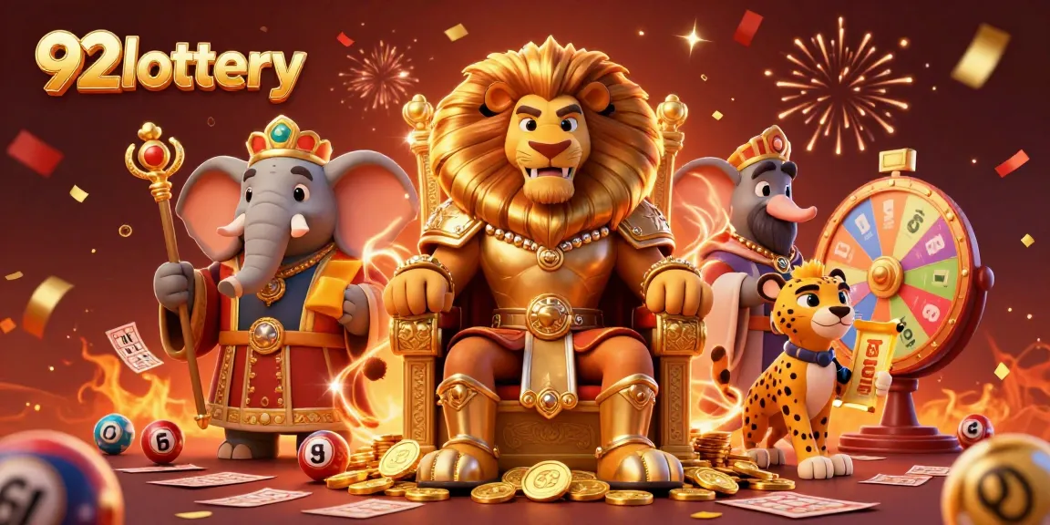 Engage with 92lottery as the lion king, elephant advisor, and cheetah messenger celebrate, surrounded by lottery game elements.