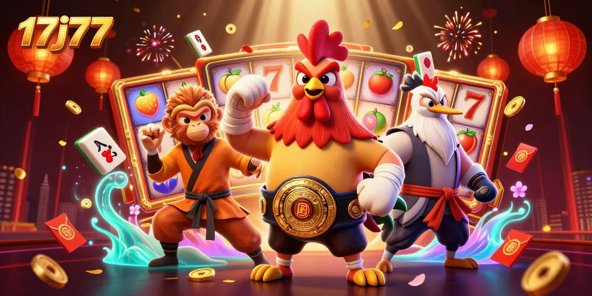 Place your bets with 17j77, featuring animated casino characters and vibrant gambling elements.