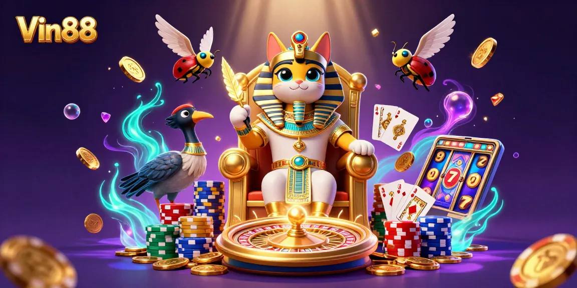 Experience thrilling gameplay at Vin88 with a vibrant 3D illustration featuring dynamic casino elements.