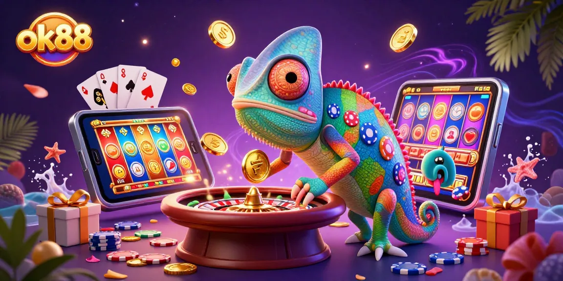 ok88 highlights vibrant casino action with a chameleon owner and golden coins in play.