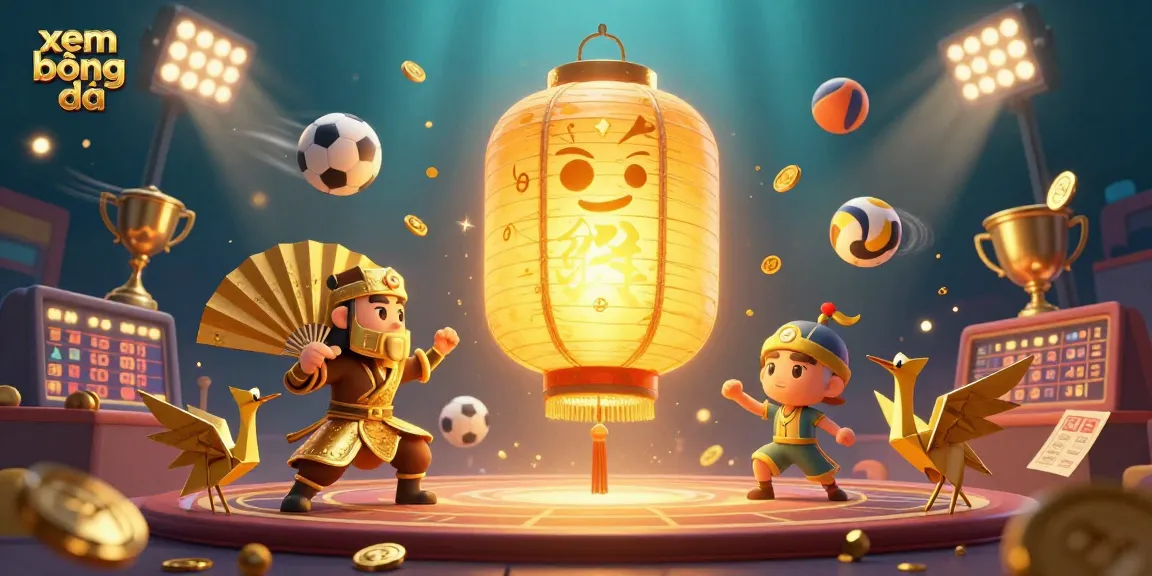 Xem bóng đá with golden lantern spirit and sports elements floating in a vibrant casino scene.