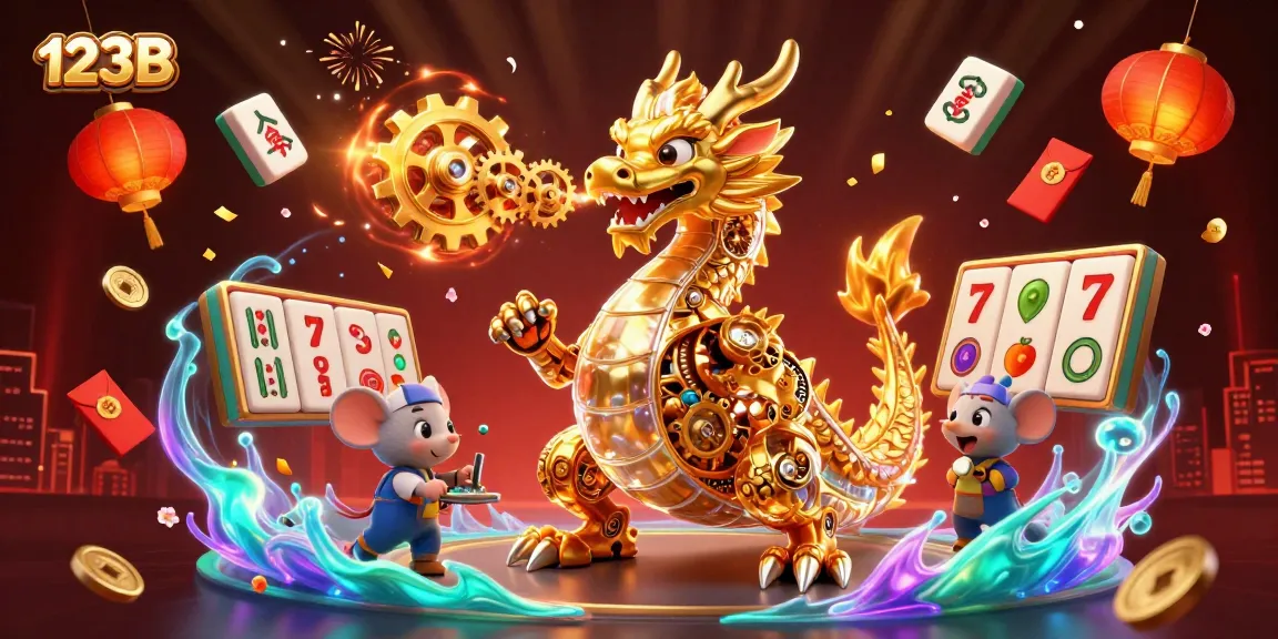 Engage in thrilling gameplay with the chic 123B as a 3D golden dragon breathes gears amidst a vibrant casino atmosphere.