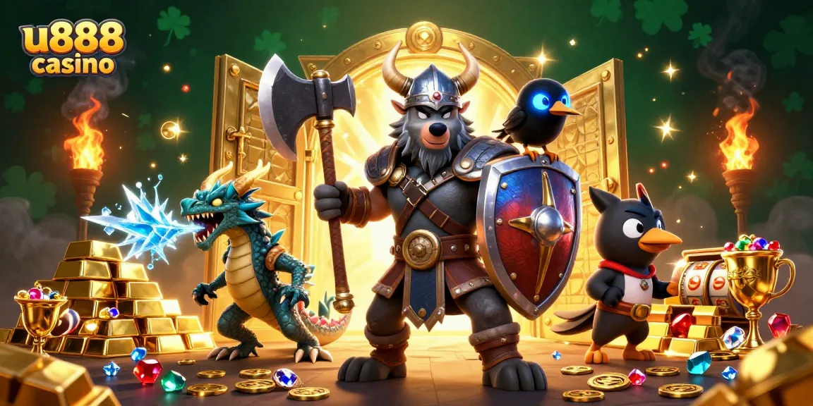 Engaging scene showcasing u888 casino with brave Viking wolf, fierce dragon, and illustrated treasures.
