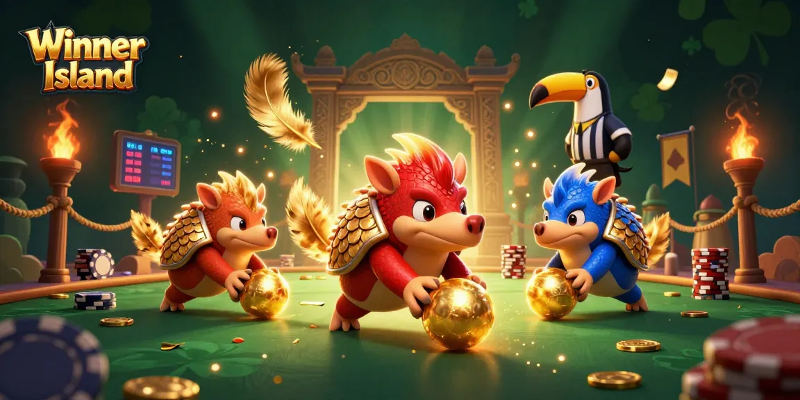 Experience thrilling gameplay at Winner Island with vibrant pangolins, poker chips, and casino excitement.