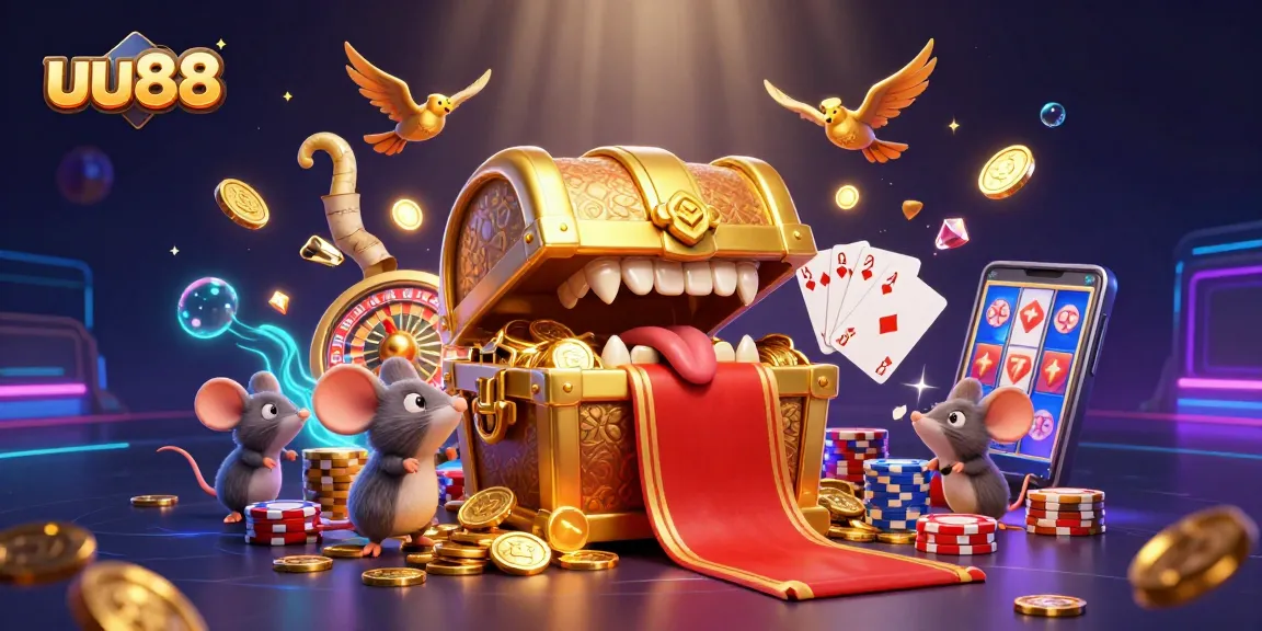 Experience the excitement of uu88 gaming with a rich casino scene filled with treasures, gold coins, and thrilling games.