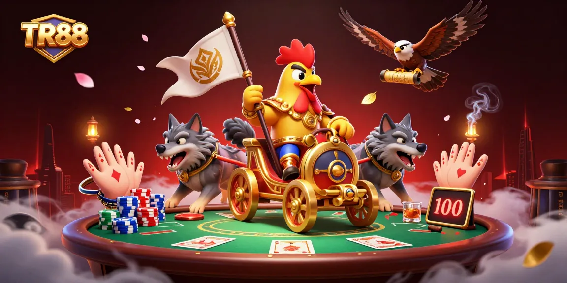 Experience the excitement of TR88 gaming with a dynamic rooster warlord and poker elements.