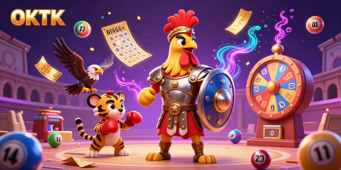 Engage with OKTK's vibrant casino scene featuring a rooster and friends amidst gaming excitement.
