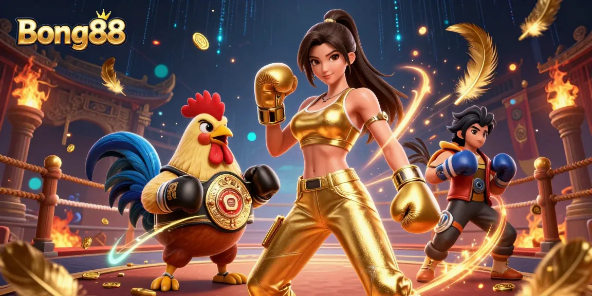 Bong88 showcases an action-packed scene with a champion fighter and animated rooster, enticing gamblers with vibrant visuals.
