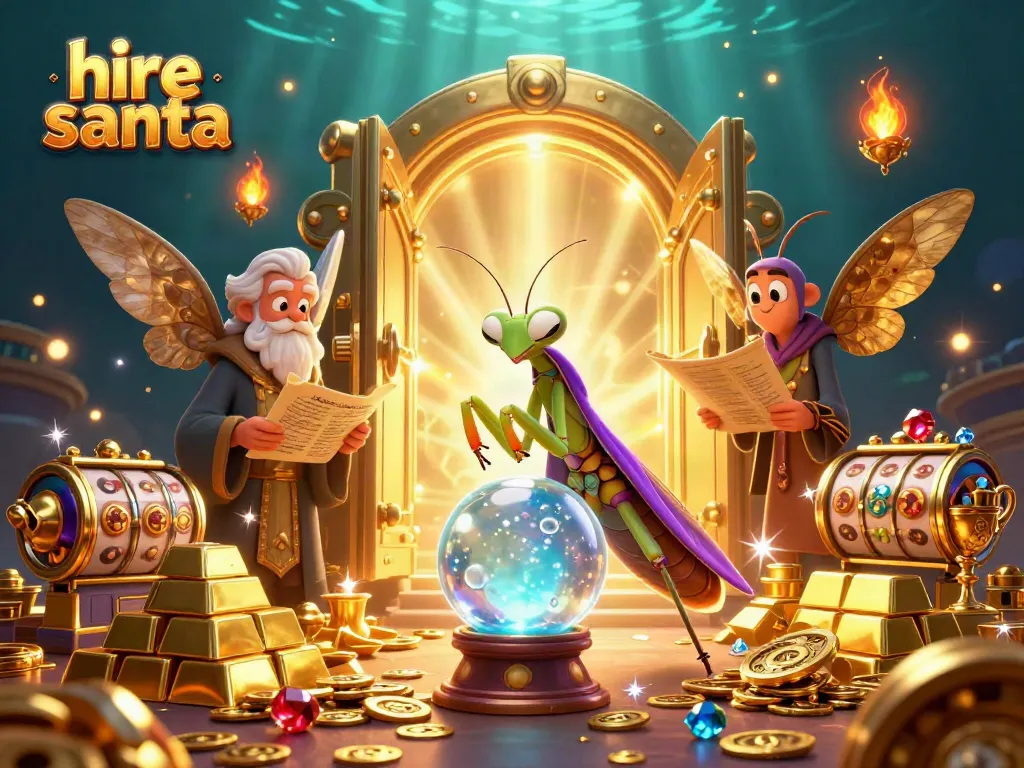 Hire Santa and fortune-teller elements create a magical gambling atmosphere.