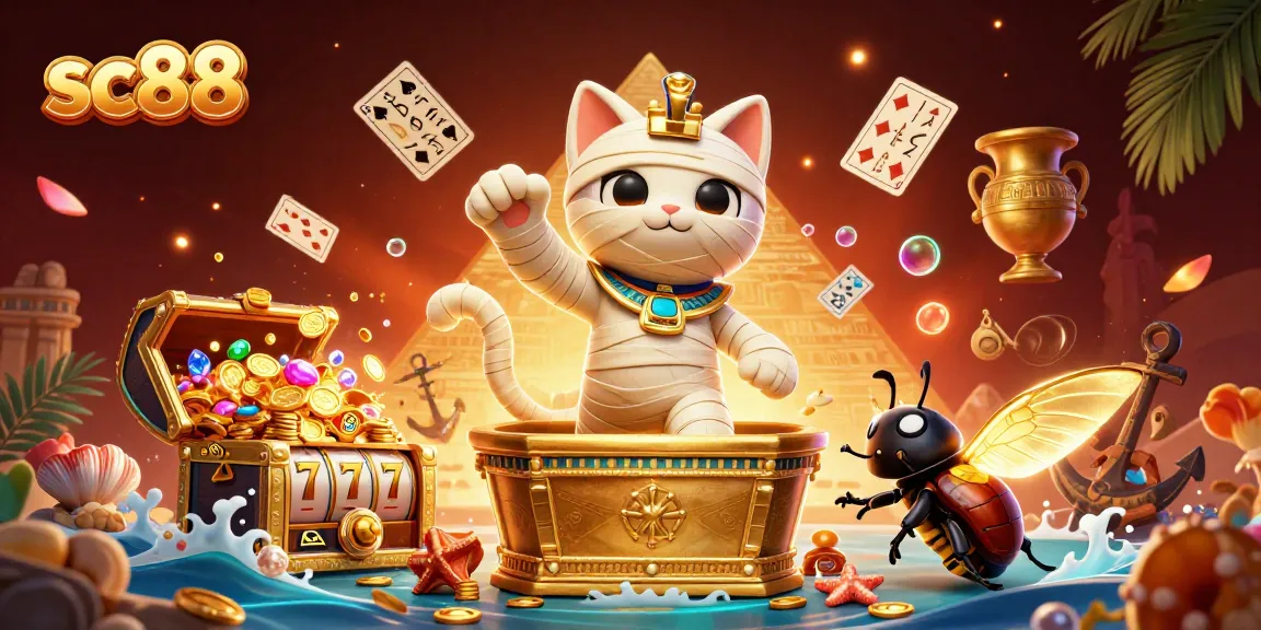 Experience thrilling wins with SC88 in this vibrant casino scene featuring a mummy cat and scarab!