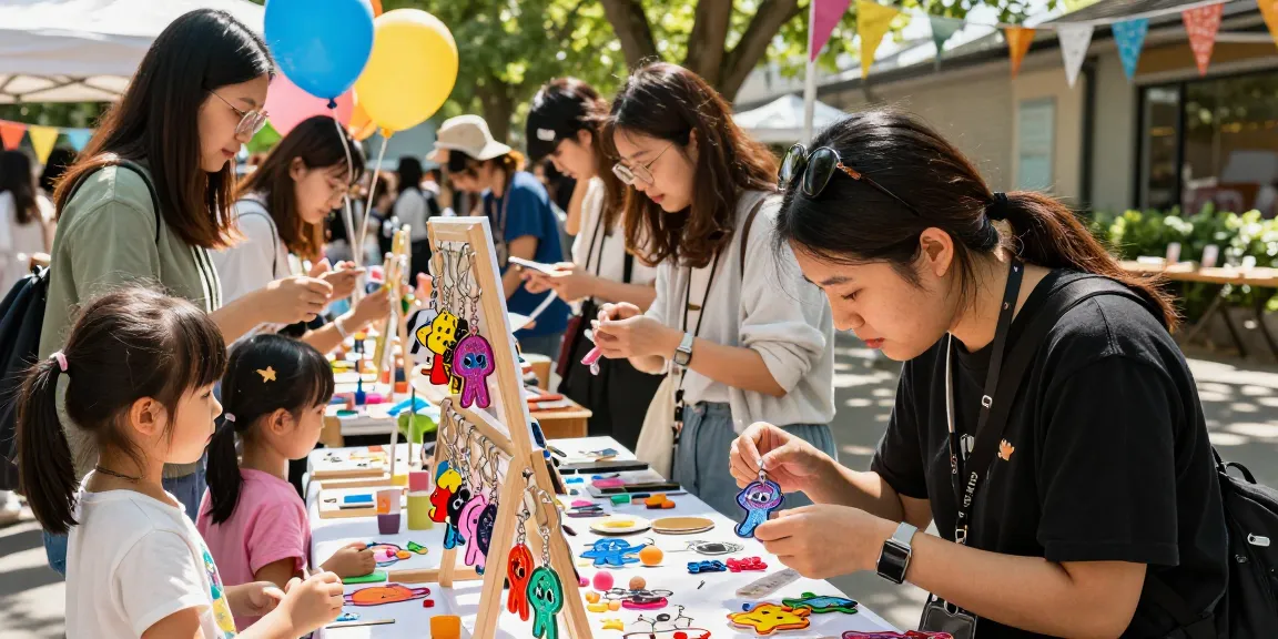 Vibrant marketplace showcasing custom keychains with skilled artisan personalising keychains and customers exploring unique designs.